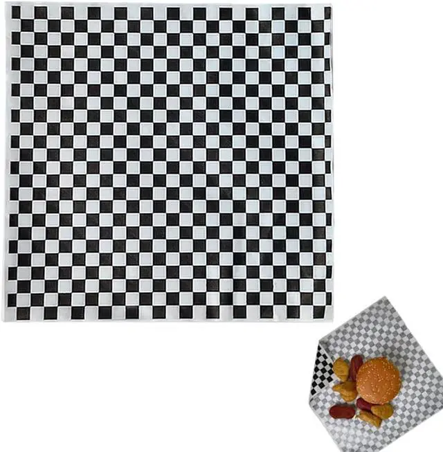 Main image of 100 Sheets Black and White Checkered Dry Waxed Deli Paper, Grease Resistant Basket Liners (11.5''x11.5'')