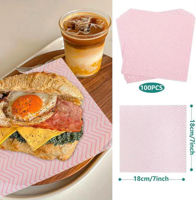 Alt view image 2 of 7 - GeeRic Waxed Deli Paper Sheets for Snacks 100 Pcs, 7 * 7 Inch Food Basket Liners for Sandwiches, 2026 Burgers, Wave Deli Wrap Wax Paper Sheets Pink