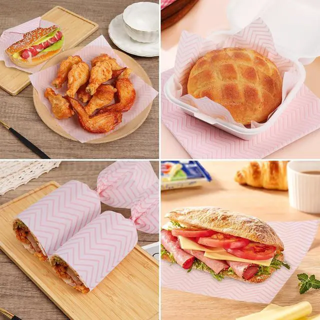 Alt view image 5 of 7 - GeeRic Waxed Deli Paper Sheets for Snacks 100 Pcs, 7 * 7 Inch Food Basket Liners for Sandwiches, 2026 Burgers, Wave Deli Wrap Wax Paper Sheets Pink