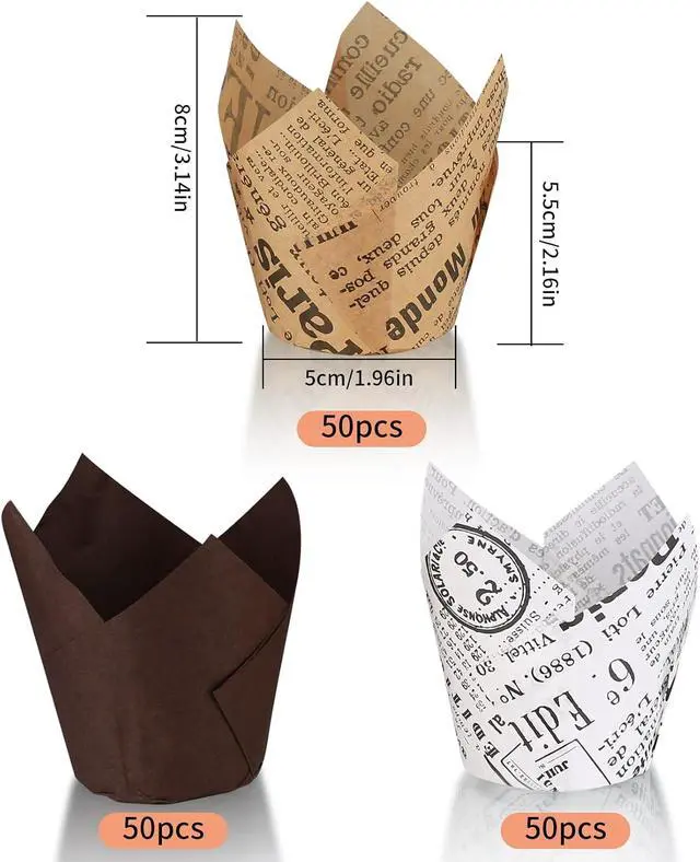 Alt view image 2 of 7 - 150 Pcs Tulip Cupcake Liners for Baking, Tulip Muffin Liners, Parchment Paper Cupcake Linerss, Greaseproof Muffin Papers Baking Cups Muffins Wrappers for Wedding Baby Shower Catering Party