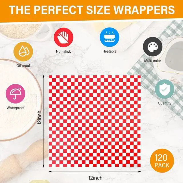 Alt view image 2 of 7 - 120Pcs Wax Paper Sheets for Food, 12x12 In Variety Pack Checkered Food Basket Liners, Grease Resistant Sandiwch Wrapping Paper, Festive Design Deli Sheets For Party, Fair and Outdoors Kovpnor