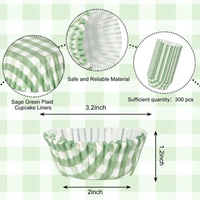 Alt view image 2 of 7 - Whaline 300Pcs Sage Green Plaid Paper Baking Cups Green Checkered Cupcake Liners Small Cake Baking Cups Muffin Cupcake Wrappers for One Lucky Duck Birthday Baby Shower Wedding Party, 2x1.2 Inch