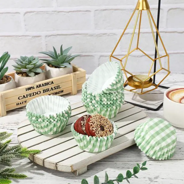 Alt view image 3 of 7 - Whaline 300Pcs Sage Green Plaid Paper Baking Cups Green Checkered Cupcake Liners Small Cake Baking Cups Muffin Cupcake Wrappers for One Lucky Duck Birthday Baby Shower Wedding Party, 2x1.2 Inch