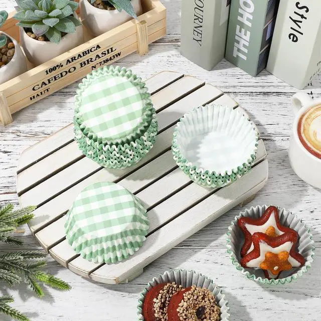 Alt view image 4 of 7 - Whaline 300Pcs Sage Green Plaid Paper Baking Cups Green Checkered Cupcake Liners Small Cake Baking Cups Muffin Cupcake Wrappers for One Lucky Duck Birthday Baby Shower Wedding Party, 2x1.2 Inch