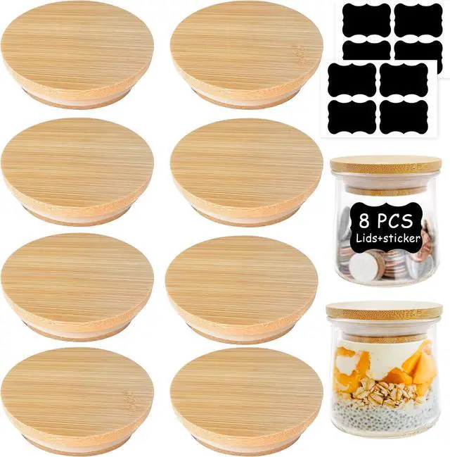 Main image of Oui Yogurt Jar Lids - 8 Pack Oui Lids-Natural Bamboo Wood with Silicone Sealing Rings and Oui Yogurt Bottle Label, For 5 Oz Oui Yogurt Jars