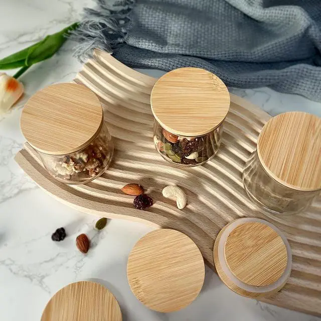 Alt view image 2 of 7 - Oui Yogurt Jar Lids - 8 Pack Oui Lids-Natural Bamboo Wood with Silicone Sealing Rings and Oui Yogurt Bottle Label, For 5 Oz Oui Yogurt Jars