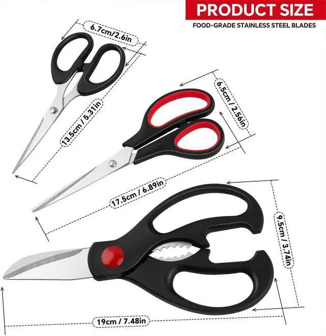 Alt view image 2 of 6 - Kitchen Shears Set - QtoiKce Kitchen Scissors 3 Pack All Purpose Poultry Shears,Stainless Steel Sharp Utility Cooking Scissors for Home