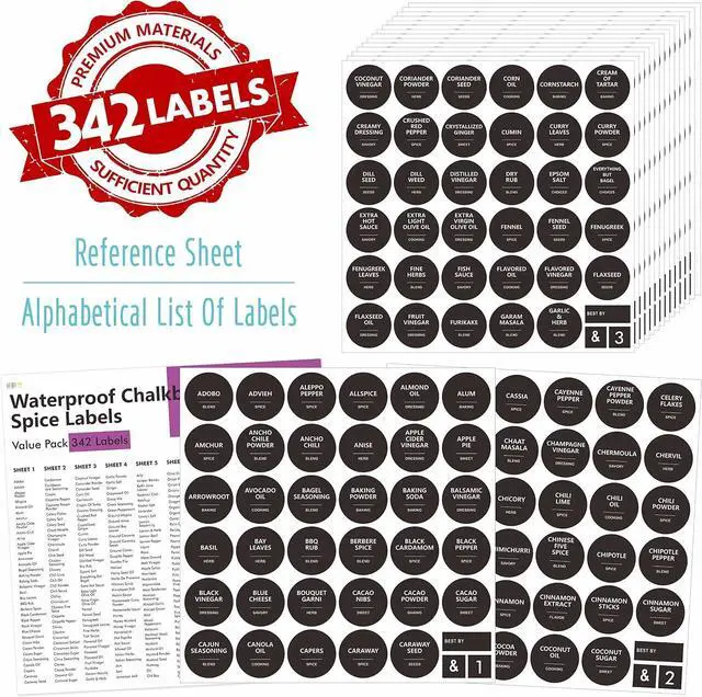 Alt view image 2 of 7 - Hebayy 342 Removable Spice Labels,304 Pre-Printed Herb Seeds Seasoning Sauce Oil Vinegar Round Stickers,38 Blank Ones,Waterproof Oil & Tear Resistant,No Residue for Kitchen Pantry Containers Jars