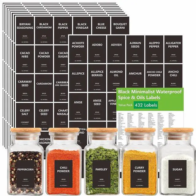 Main image of 432 Removable Spice Labels, 396 Pre-Printed Herb Seed Seasoning Sauce Oil Vinegar Stickers, 36 Blank Ones, Waterproof Oil&Tear Resistant, No Residue for Kitchen Pantry Containers Jars(White on Black)