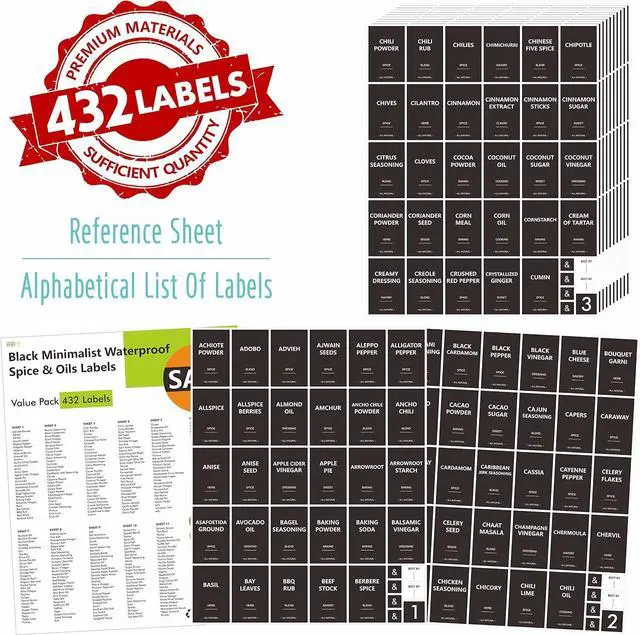 Alt view image 2 of 7 - 432 Removable Spice Labels, 396 Pre-Printed Herb Seed Seasoning Sauce Oil Vinegar Stickers, 36 Blank Ones, Waterproof Oil&Tear Resistant, No Residue for Kitchen Pantry Containers Jars(White on Black)