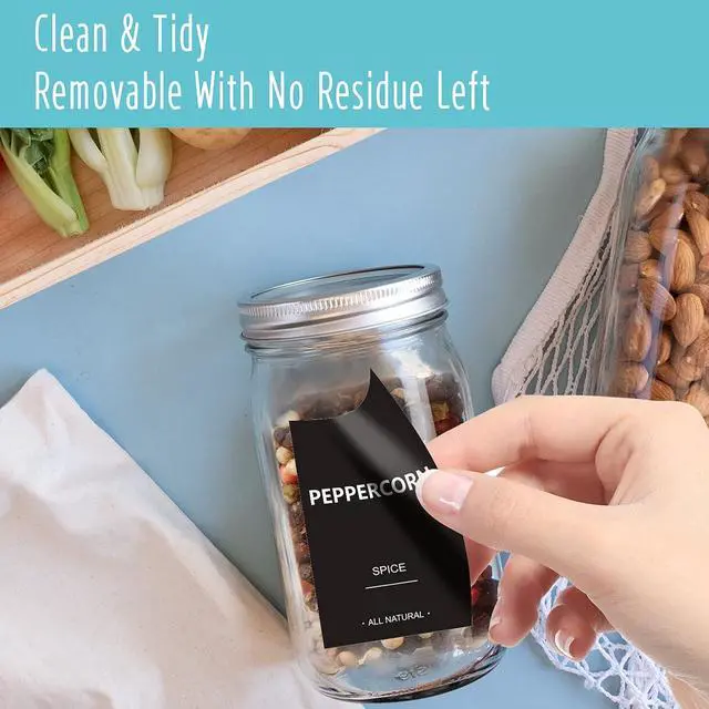 Alt view image 4 of 7 - 432 Removable Spice Labels, 396 Pre-Printed Herb Seed Seasoning Sauce Oil Vinegar Stickers, 36 Blank Ones, Waterproof Oil&Tear Resistant, No Residue for Kitchen Pantry Containers Jars(White on Black)
