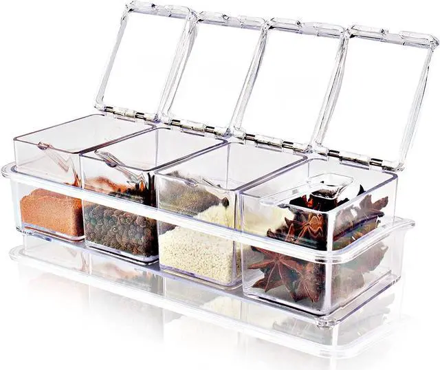 Main image of 4 Pieces Clear Seasoning Box - Cruet with Cover and Spoon,Seasoning Rack Spice Pots for Sugar, Salt, Pepper and Other Spices