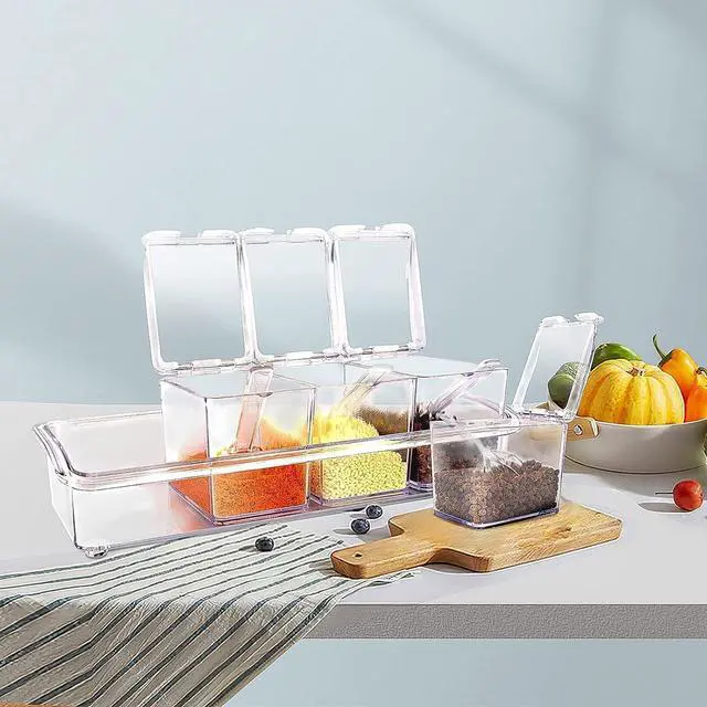 Alt view image 2 of 7 - 4 Pieces Clear Seasoning Box - Cruet with Cover and Spoon,Seasoning Rack Spice Pots for Sugar, Salt, Pepper and Other Spices