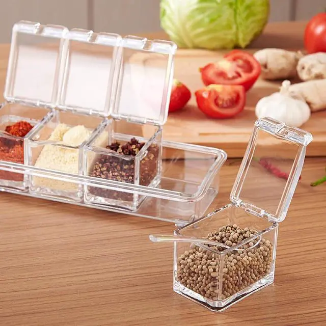 Alt view image 3 of 7 - 4 Pieces Clear Seasoning Box - Cruet with Cover and Spoon,Seasoning Rack Spice Pots for Sugar, Salt, Pepper and Other Spices