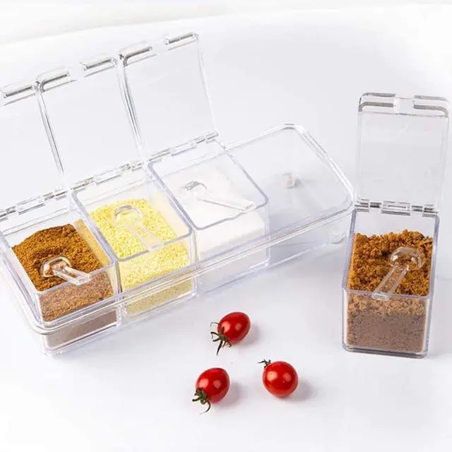 Alt view image 4 of 7 - 4 Pieces Clear Seasoning Box - Cruet with Cover and Spoon,Seasoning Rack Spice Pots for Sugar, Salt, Pepper and Other Spices