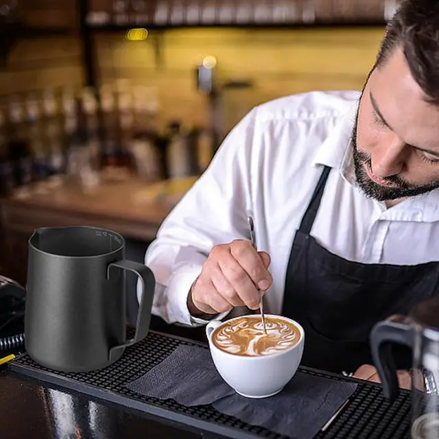 Alt view image 2 of 7 - Milk Frothing Pitcher,Milk Steaming Frother Cup,Barista Cappuccino Latte Art Milk Jug with Decorating Pen,Stainless Steel Espresso Coffee Bar Accessories Tools (Black, 12oz)