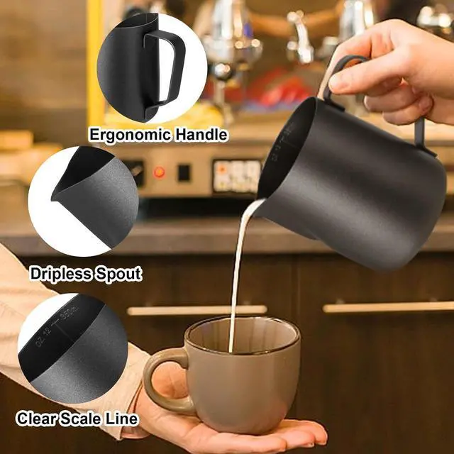 Alt view image 3 of 7 - Milk Frothing Pitcher,Milk Steaming Frother Cup,Barista Cappuccino Latte Art Milk Jug with Decorating Pen,Stainless Steel Espresso Coffee Bar Accessories Tools (Black, 12oz)