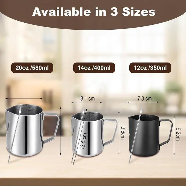 Alt view image 4 of 7 - Milk Frothing Pitcher,Milk Steaming Frother Cup,Barista Cappuccino Latte Art Milk Jug with Decorating Pen,Stainless Steel Espresso Coffee Bar Accessories Tools (Black, 12oz)