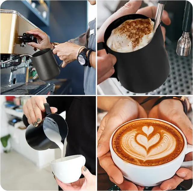 Alt view image 5 of 7 - Milk Frothing Pitcher,Milk Steaming Frother Cup,Barista Cappuccino Latte Art Milk Jug with Decorating Pen,Stainless Steel Espresso Coffee Bar Accessories Tools (Black, 12oz)