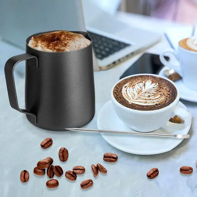 Alt view image 6 of 7 - Milk Frothing Pitcher,Milk Steaming Frother Cup,Barista Cappuccino Latte Art Milk Jug with Decorating Pen,Stainless Steel Espresso Coffee Bar Accessories Tools (Black, 12oz)
