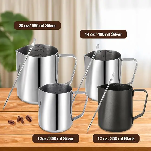 Alt view image 7 of 7 - Milk Frothing Pitcher,Milk Steaming Frother Cup,Barista Cappuccino Latte Art Milk Jug with Decorating Pen,Stainless Steel Espresso Coffee Bar Accessories Tools (Black, 12oz)