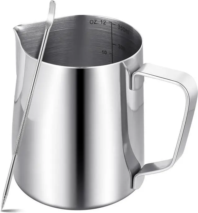 Main image of Milk Frothing Pitcher,Milk Steaming Frother Cup,Barista Cappuccino Latte Art Milk Jug with Decorating Pen,Stainless Steel Espresso Coffee Bar Accessories Tools (Silver, 12oz)
