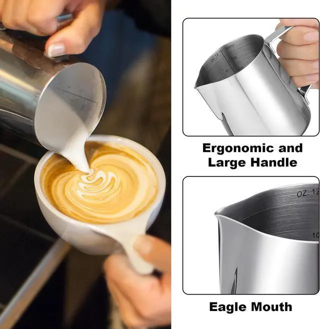 Alt view image 3 of 7 - Milk Frothing Pitcher,Milk Steaming Frother Cup,Barista Cappuccino Latte Art Milk Jug with Decorating Pen,Stainless Steel Espresso Coffee Bar Accessories Tools (Silver, 12oz)