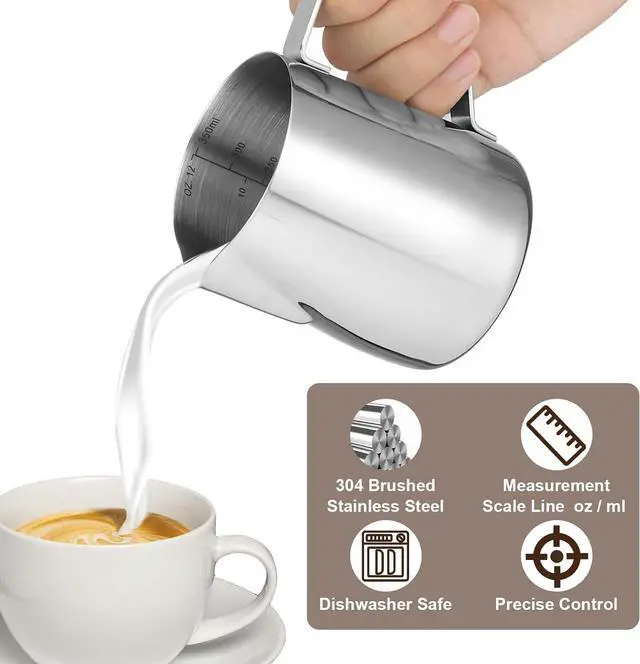 Alt view image 5 of 7 - Milk Frothing Pitcher,Milk Steaming Frother Cup,Barista Cappuccino Latte Art Milk Jug with Decorating Pen,Stainless Steel Espresso Coffee Bar Accessories Tools (Silver, 12oz)