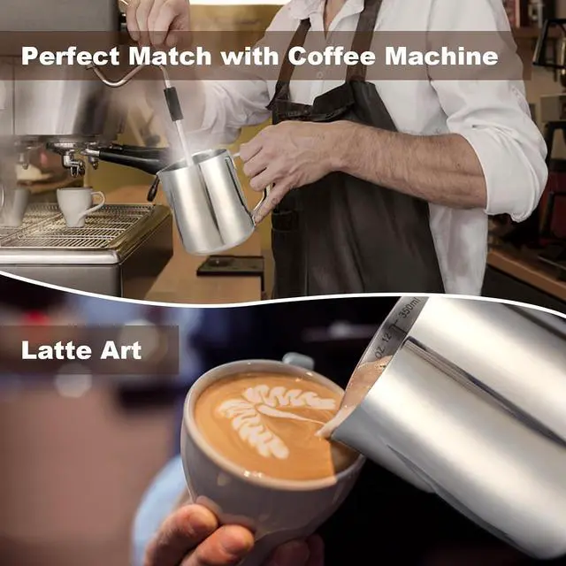 Alt view image 2 of 7 - Milk Frothing Pitcher,Milk Steaming Frother Cup,Barista Cappuccino Latte Art Milk Jug with Decorating Pen,Stainless Steel Espresso Coffee Bar Accessories Tools (Silver, 12oz)