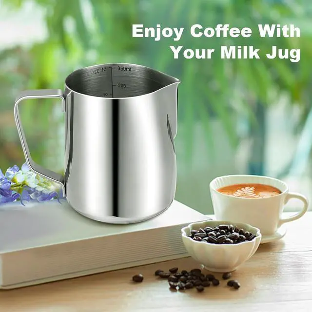 Alt view image 6 of 7 - Milk Frothing Pitcher,Milk Steaming Frother Cup,Barista Cappuccino Latte Art Milk Jug with Decorating Pen,Stainless Steel Espresso Coffee Bar Accessories Tools (Silver, 12oz)