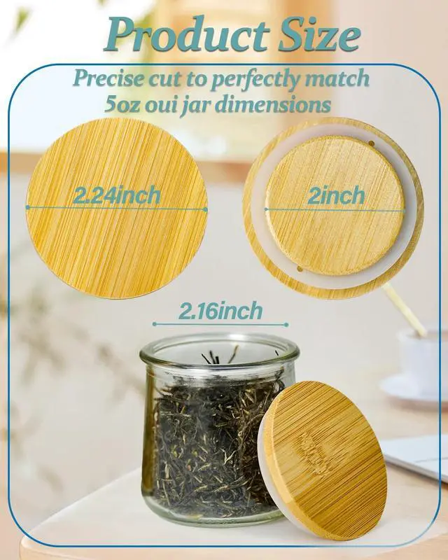 Alt view image 2 of 7 - 8 Pack Oui Yogurt Jar Lids with 8 Labels, Food-Grade Bamboo Lids for 5Oz Oui Yogurt Jars, Reusable Wooden Canning Covers Perfect for Oui Yogurt Bottle with Airtight Seal Ring(Jar not Included)