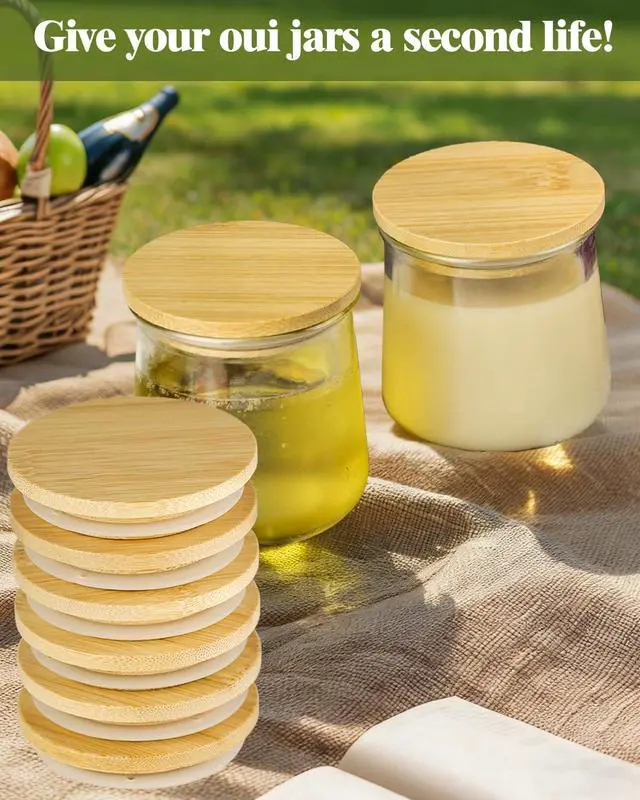 Alt view image 4 of 7 - 8 Pack Oui Yogurt Jar Lids with 8 Labels, Food-Grade Bamboo Lids for 5Oz Oui Yogurt Jars, Reusable Wooden Canning Covers Perfect for Oui Yogurt Bottle with Airtight Seal Ring(Jar not Included)