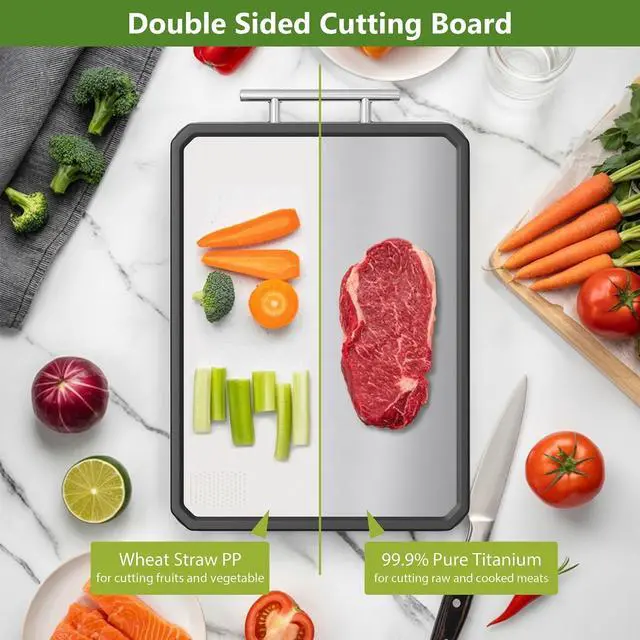 Alt view image 2 of 7 - Titanium Cutting Boards for Kitchen, Large 16x11 Inch Pure Titanium and Wheat Straw PP Double Sided Chopping Board, Dishwasher Safe, Easy to Clean