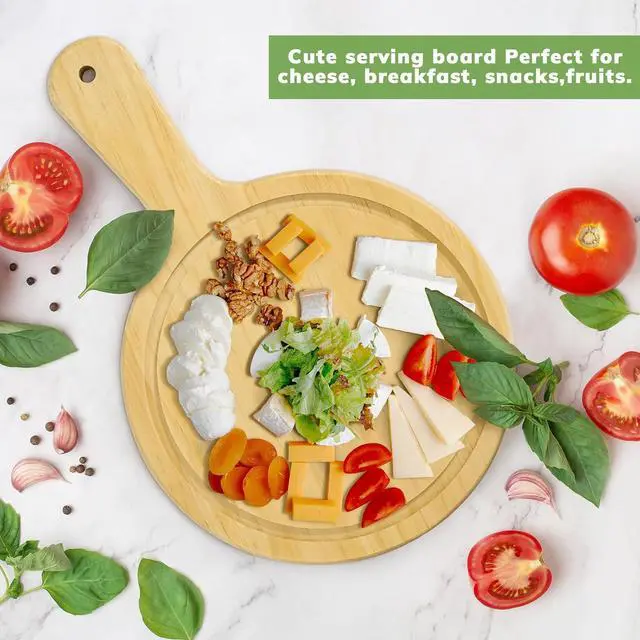 Alt view image 2 of 6 - LorisArm 7" Mini Pine Wood Cutting Board with Handle, Small Serving board Wooden Round Pizza Peel Paddle for Homemade Baking Pizza Bread Cake Fruit Vegetables.
