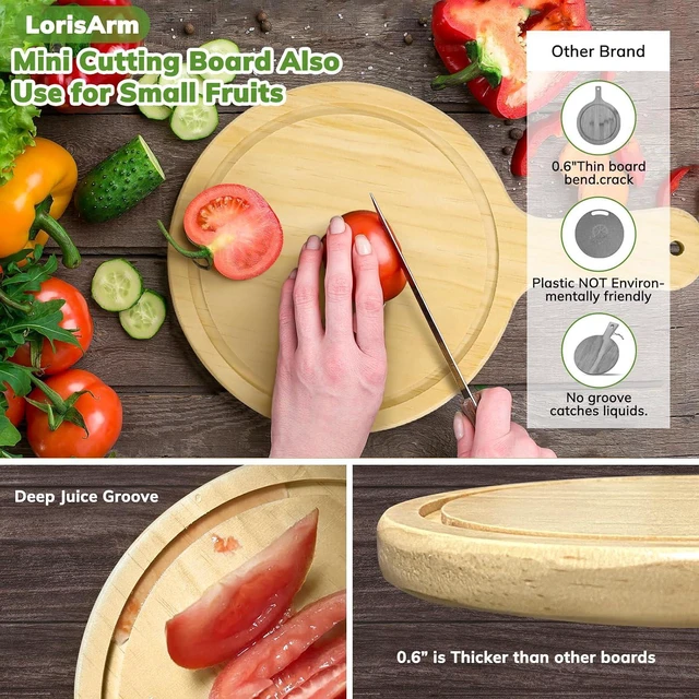 Alt view image 3 of 6 - LorisArm 7" Mini Pine Wood Cutting Board with Handle, Small Serving board Wooden Round Pizza Peel Paddle for Homemade Baking Pizza Bread Cake Fruit Vegetables.