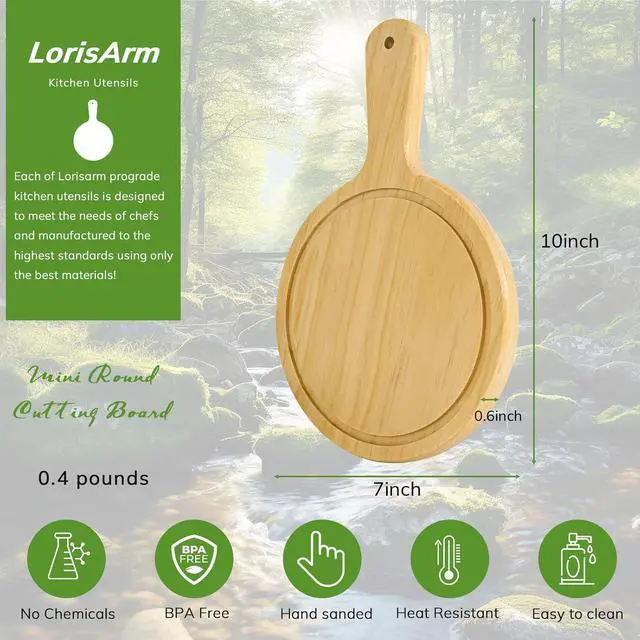Alt view image 6 of 6 - LorisArm 7" Mini Pine Wood Cutting Board with Handle, Small Serving board Wooden Round Pizza Peel Paddle for Homemade Baking Pizza Bread Cake Fruit Vegetables.