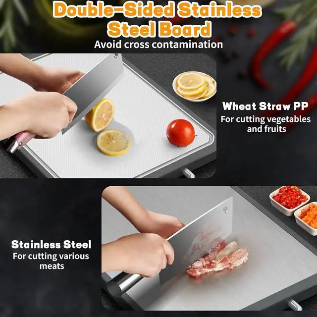 Alt view image 2 of 7 - Stainless Steel Cutting Board, Double-Sided Cutting Boards, Large Cutting Boards for Kitchen,Food-Grade, Stainless Steel and Wheat Straw PP, Dishwasher Safe (Large)