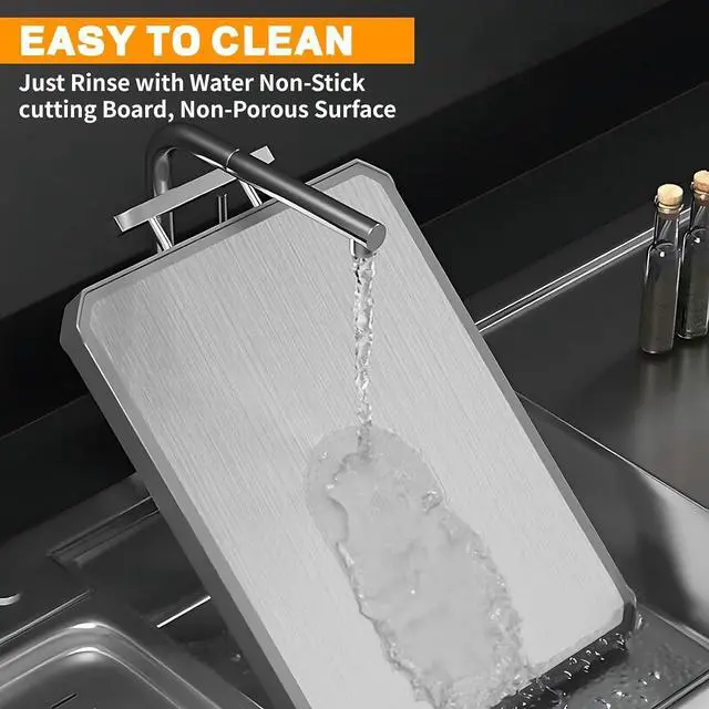 Alt view image 4 of 7 - Stainless Steel Cutting Board, Double-Sided Cutting Boards, Large Cutting Boards for Kitchen,Food-Grade, Stainless Steel and Wheat Straw PP, Dishwasher Safe (Large)
