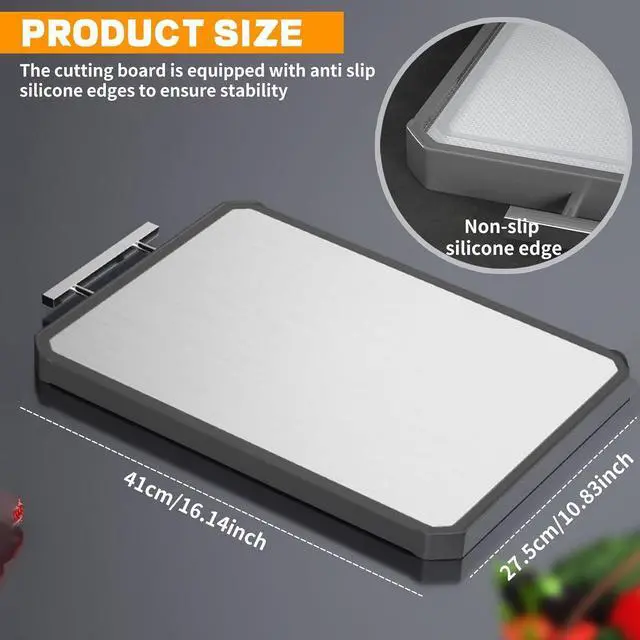 Alt view image 5 of 7 - Stainless Steel Cutting Board, Double-Sided Cutting Boards, Large Cutting Boards for Kitchen,Food-Grade, Stainless Steel and Wheat Straw PP, Dishwasher Safe (Large)