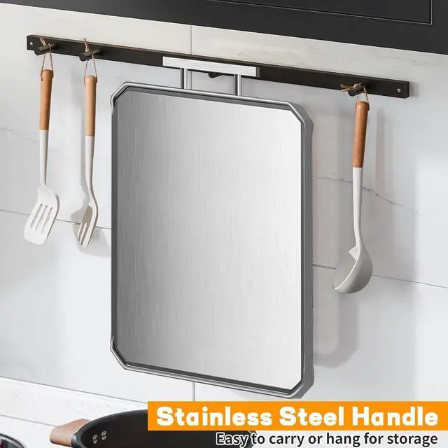 Alt view image 6 of 7 - Stainless Steel Cutting Board, Double-Sided Cutting Boards, Large Cutting Boards for Kitchen,Food-Grade, Stainless Steel and Wheat Straw PP, Dishwasher Safe (Large)
