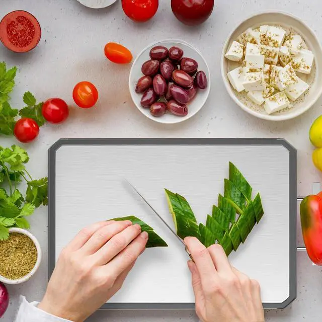 Alt view image 7 of 7 - Stainless Steel Cutting Board, Double-Sided Cutting Boards, Large Cutting Boards for Kitchen,Food-Grade, Stainless Steel and Wheat Straw PP, Dishwasher Safe (Large)