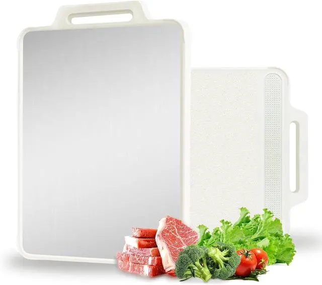 Main image of Double Sided Stainless Steel Cutting Board for Kitchen White Large Steel/Wheat Straw PP Cutting Boards non Toxic Chopping Board for Meat, Vegetables, Fruits 16"×11"