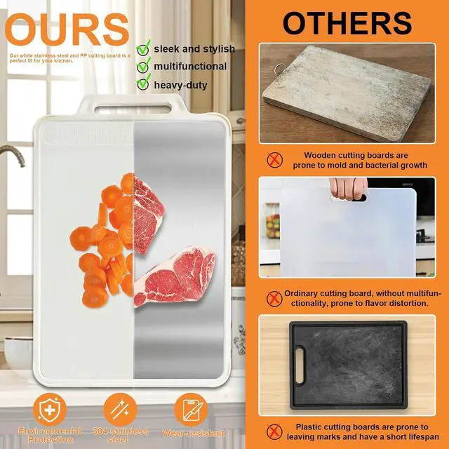Alt view image 6 of 6 - Double Sided Stainless Steel Cutting Board for Kitchen White Large Steel/Wheat Straw PP Cutting Boards non Toxic Chopping Board for Meat, Vegetables, Fruits 16"×11"