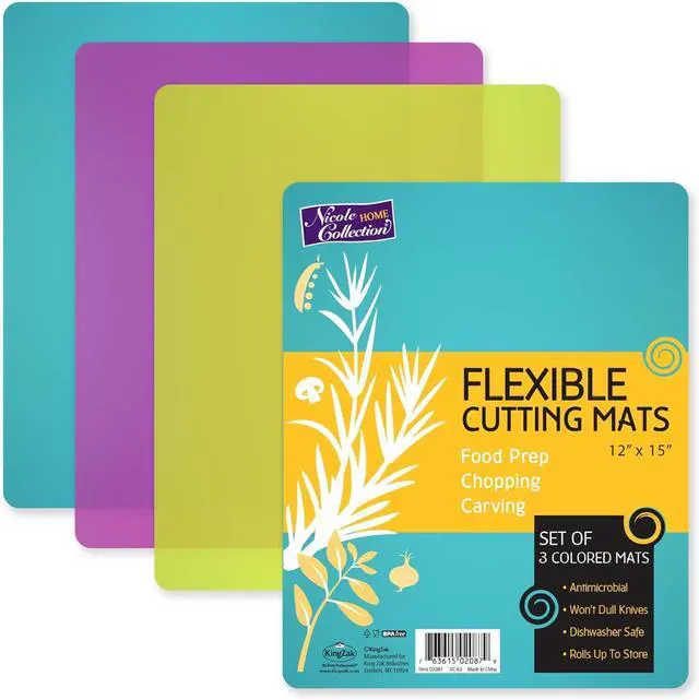 Main image of Nicole Home Collection Flexible Cutting Mats Set of 3 - BPA-Free Plastic Color-Coded Kitchen Chopping Boards, 12"x15", Durable Non-Slip Mats for Meat, Veggies, Fruits
