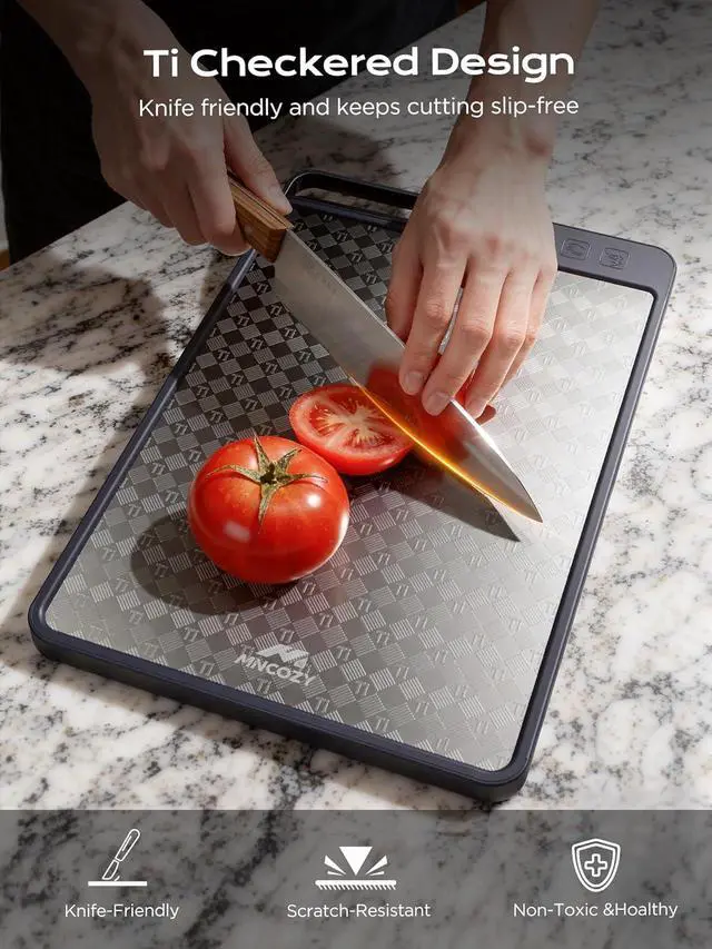 Alt view image 5 of 7 - Katori Titanium Cutting Board for Kitchen, Double-Sided Pure Titanium(Checkered Design) & Wheat Straw PP, Food Grade Chopping, Non Toxic, Easy to Clean, 16"×11"