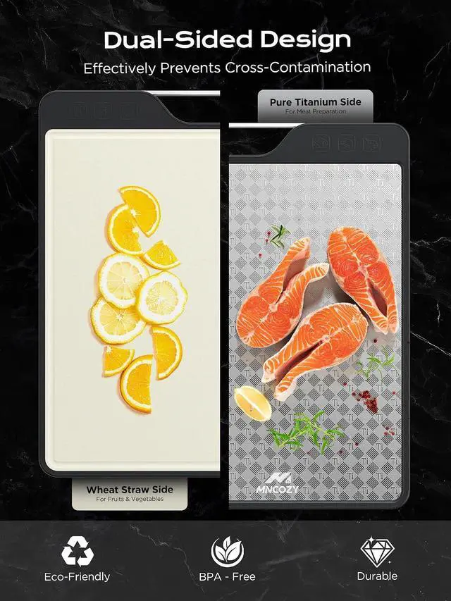 Alt view image 6 of 7 - Katori Titanium Cutting Board for Kitchen, Double-Sided Pure Titanium(Checkered Design) & Wheat Straw PP, Food Grade Chopping, Non Toxic, Easy to Clean, 16"×11"