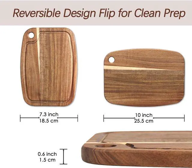 Alt view image 3 of 6 - Donxote Acacia Wood Cutting Board, Reversible Small Cutting Board with Juice Groove & Hanging Hole, 10" x 7.3" Wooden Kitchen Prep Board