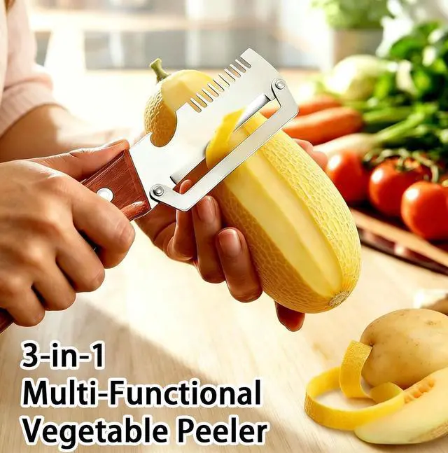 Alt view image 2 of 6 - Multi-Functional Vegetable Peeler, 3 in 1 Multi Functional Wooden Handle Peeler and Bottle Opener, Kitchen Gadgets Tool for Fruit Pumpkin Peeling Potato Carrot Veggie Peeler