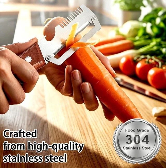 Alt view image 4 of 6 - Multi-Functional Vegetable Peeler, 3 in 1 Multi Functional Wooden Handle Peeler and Bottle Opener, Kitchen Gadgets Tool for Fruit Pumpkin Peeling Potato Carrot Veggie Peeler