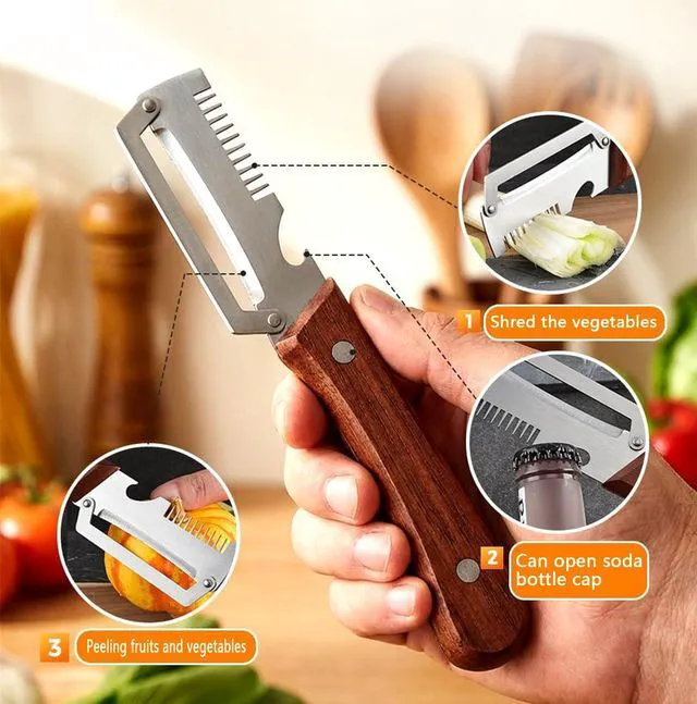 Alt view image 5 of 6 - Multi-Functional Vegetable Peeler, 3 in 1 Multi Functional Wooden Handle Peeler and Bottle Opener, Kitchen Gadgets Tool for Fruit Pumpkin Peeling Potato Carrot Veggie Peeler